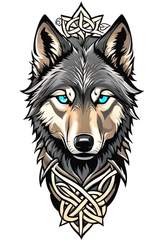 Wolf With Blue Eyes On Armor Tattoo Design Featuring Celtic Trinity Knot
