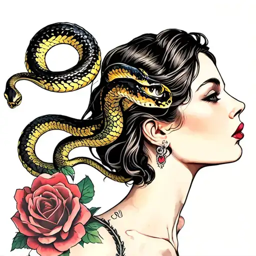 Three-quarter Length Woman Looking Up With Snake And Roses