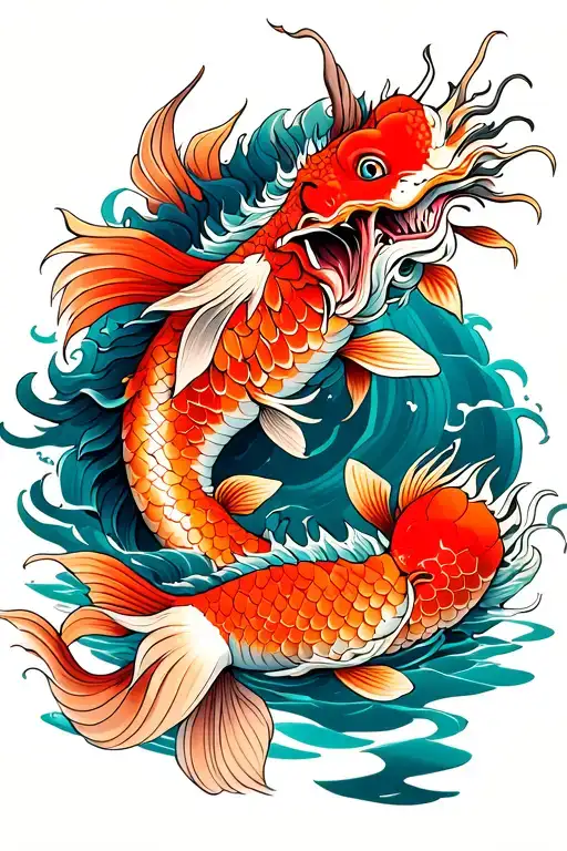 Japanese Dragon And Koi Fish Swimming