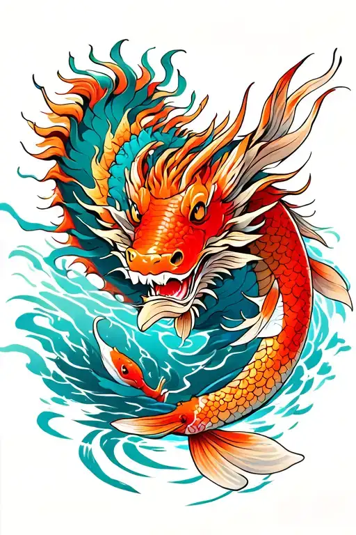 Japanes Dragon With Koi Fish Swimming