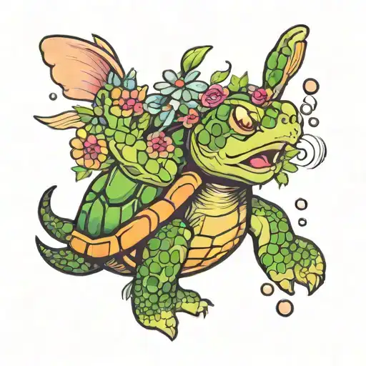 Turtle Kicks Rabbit Blowing Bubbles With Flowers