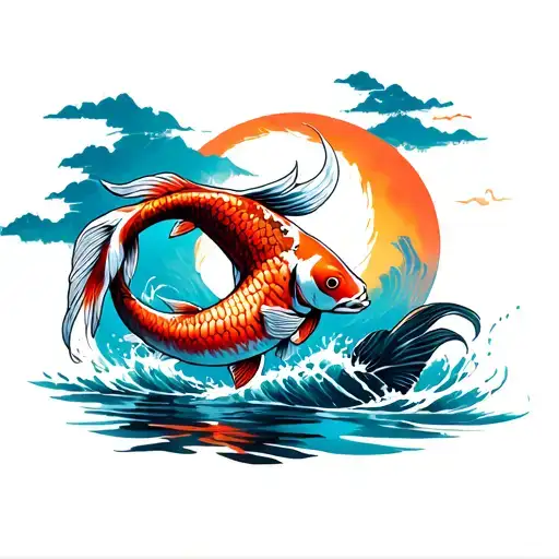 Samurai And Koi Fish Swimming Upstream