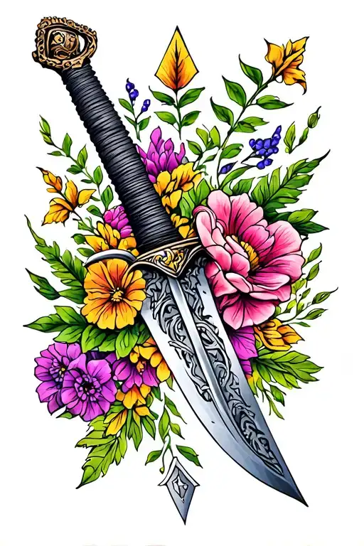 Sword Surrounded By July Aug Dec Birth Month Flowers