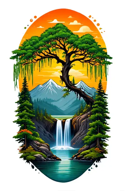 Willow Tree And Waterfall Forest Mountain Sunrise
