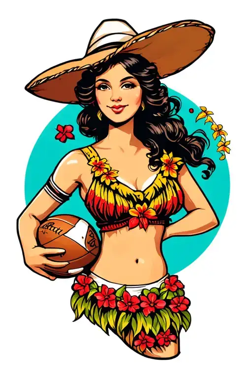 Rugby Sailor Jerry Hula Girl Holding Rugby Ball