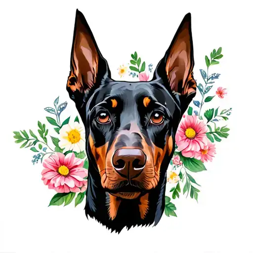 Doberman With Flowers Instead Of Eyelashes