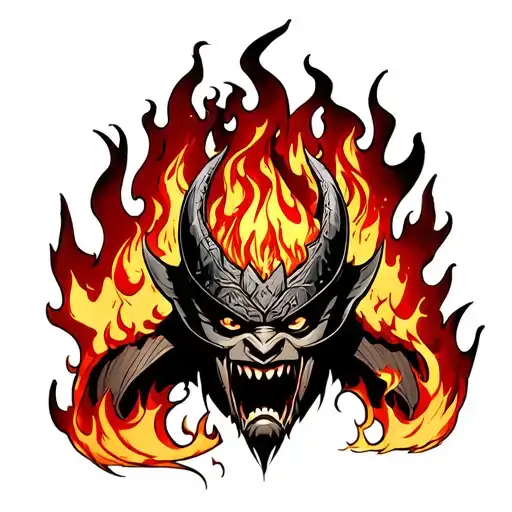 Oni With Helmet Engulfed In Flames