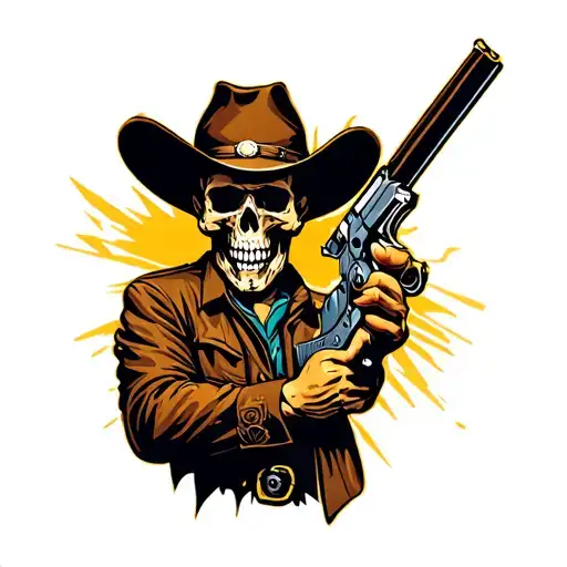 Skull Cowboy Holding Gun Upwards