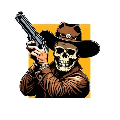 Skull Cowboy Holding Gun Upwards