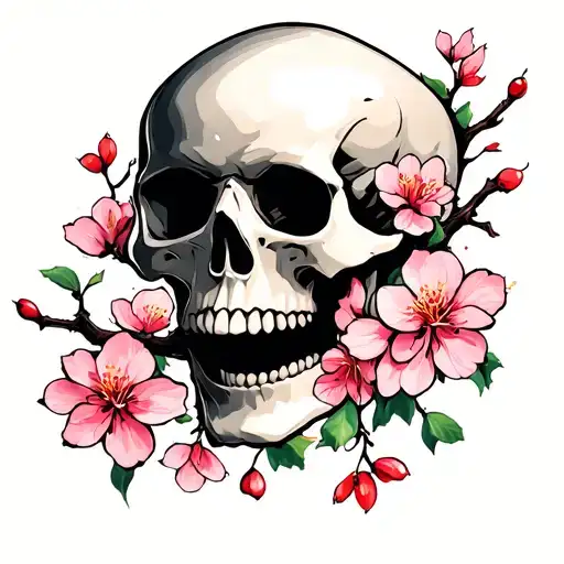 Japanese Skull And Cherry Blossoms Falling