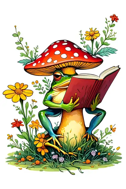 Frog Reading On A Toadstool Mushrooms And Wild Flowers