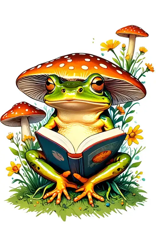 Frog Reading On A Mushrooms And Wild Flowers