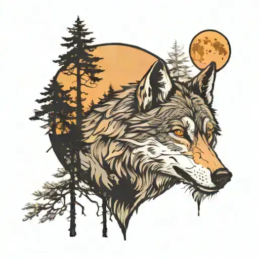 Wolf In The Forrest With Moon Behind It