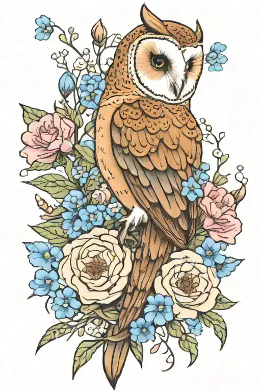 American Barn Owl Surrounded By Carnations And Forget Me Not Flowers