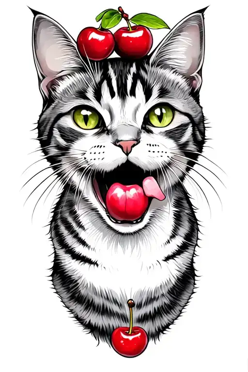 Cat With Cherry In Mouth Open And Tongue