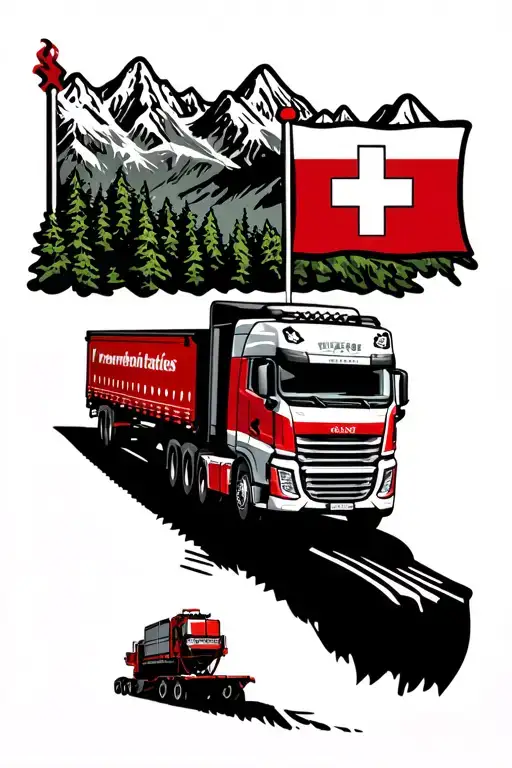 European Truck With Trailer And Swiss Mountains And Flag