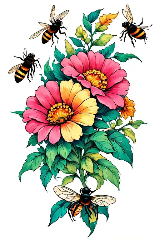 Flowers Intertwined With 2 Bees Flying