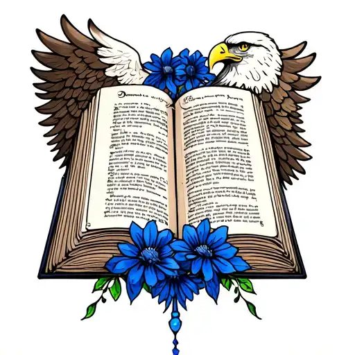 A Open Bible Book With Blue Karrnations At The Bottom And Eagle Wings On Each Side Of The Book