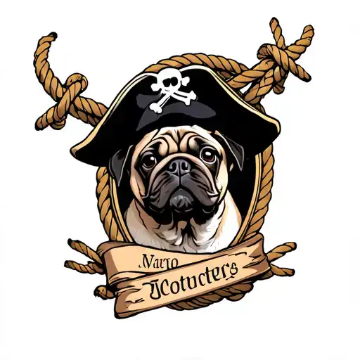 Pug In A Pirate Hat Inside A Oval Rope Frame With A Tattered Banner Underneath