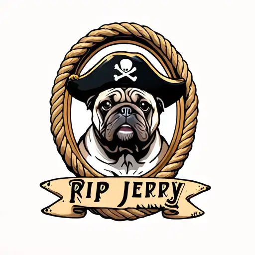 Pug In A Pirate Hat Inside A Oval Rope Frame With A Tattered Banner Underneath That Says Rip Jerry