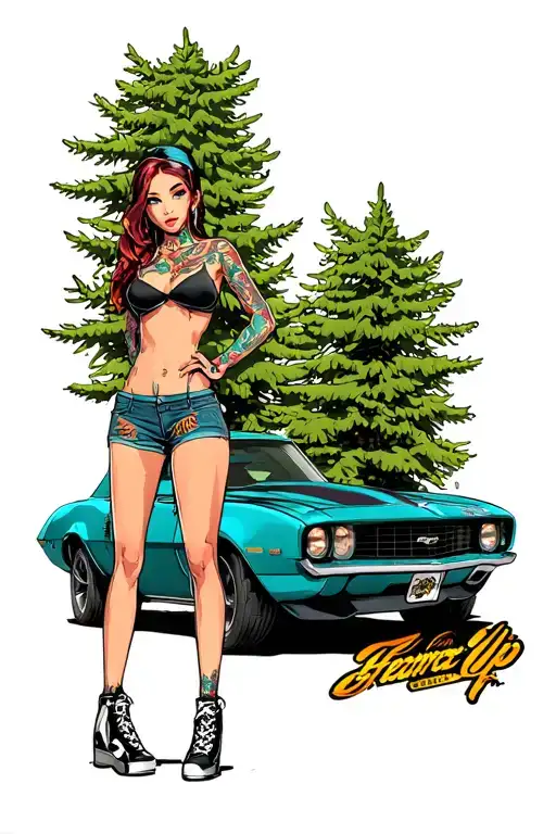 Pine Up Girl Standing With 69 Camaro