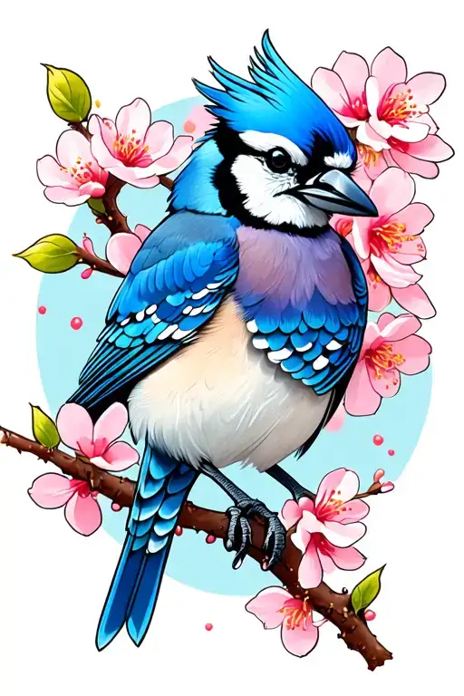 Bluejay With Cherry Blossom Branch
