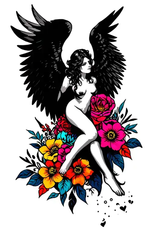 Fallen Angel Black And White With Colorful Flowers Background