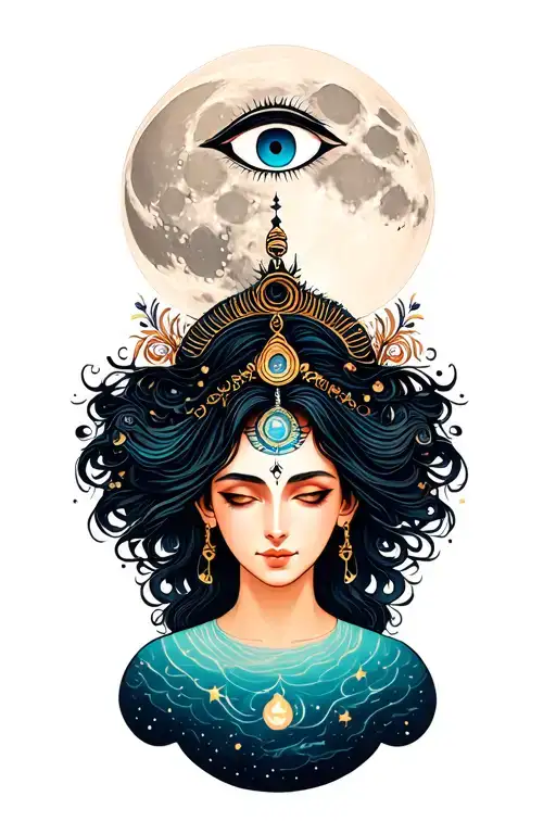A Beautiful And Enlightened Being Has A Third Eye On Forehead And Is In Front Of The Moon