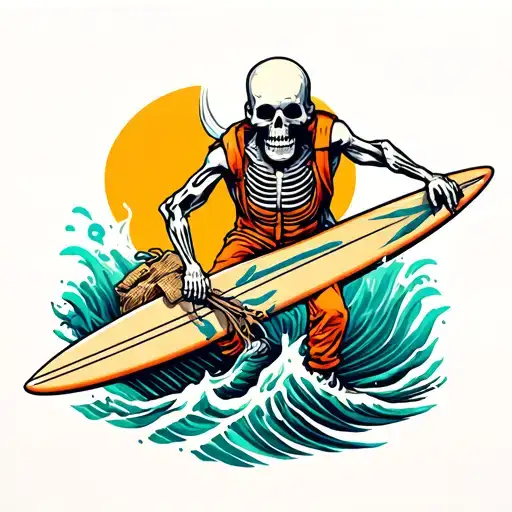 Surfing Skeleton In A Orange Jumpsuit And A Burlap Sack