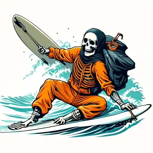 Surfing Skeleton In A Orange Jumpsuit And A Black Headsack