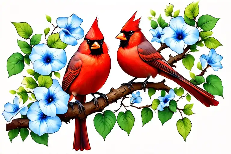 Cardinal Pair On A Tree Branch With Morning Glory Vine