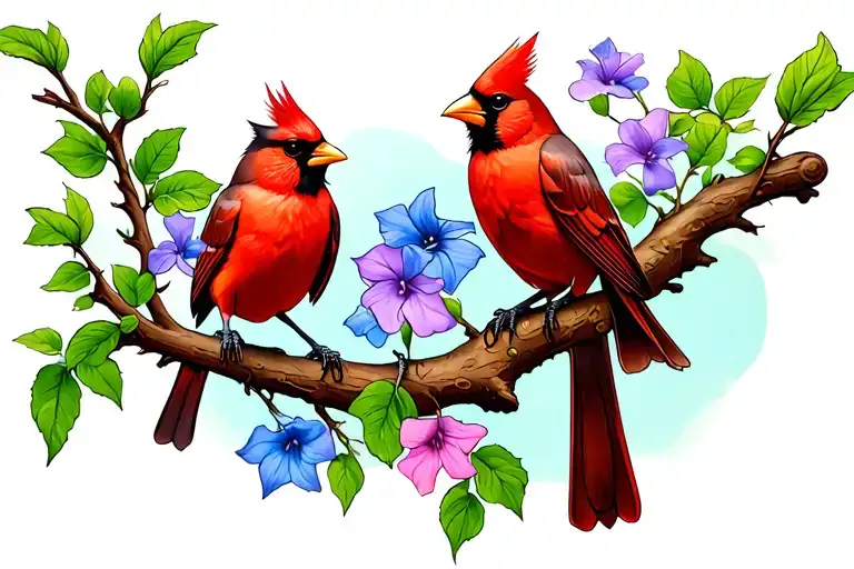 Cardinal Male And Female On A Tree Branch With Morning Glory Vine