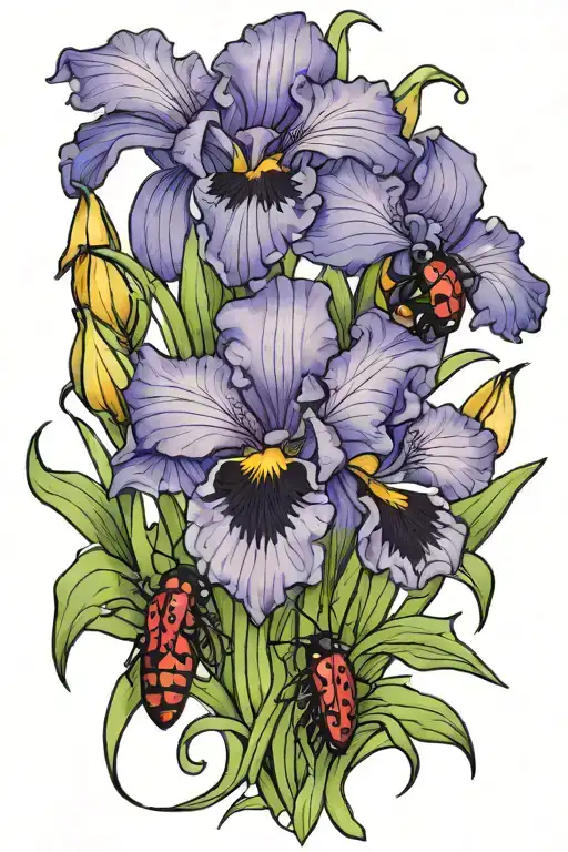Purple Irises With Ladybugs Crawling