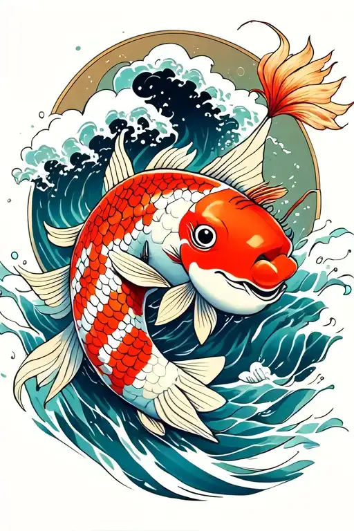 Koi Fish Swimming Upstream And Daruma Doll And Wave