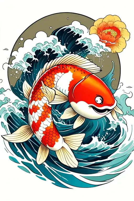 Koi Fish Swimming Upstream And Daruma Doll And Wave