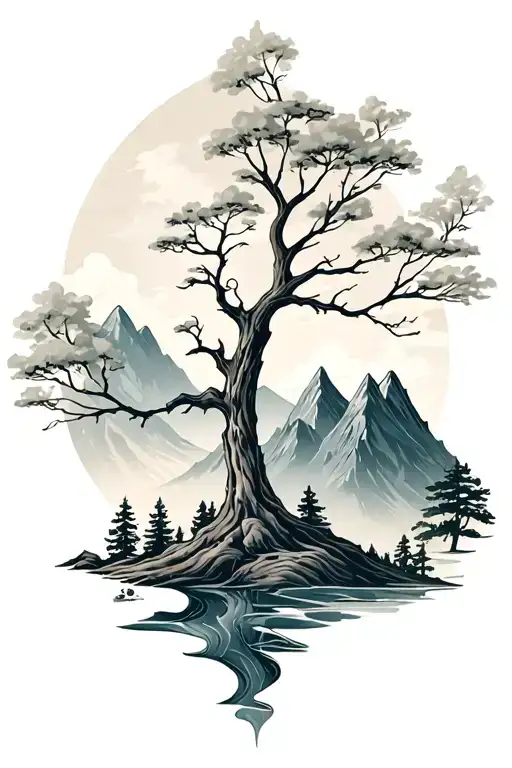 Tree And Mountain Coverup Tattoo Design