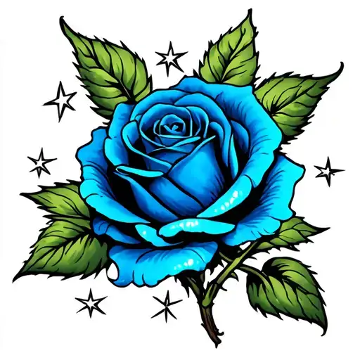 Traditional Blue Rose With Stars And Soft Shading