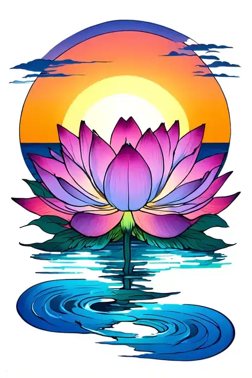 Lotus With Sunrise Above And Full Moon Below With Gradient Sky