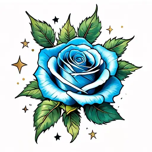 Traditional Blue Rose With Stars And Soft Shading