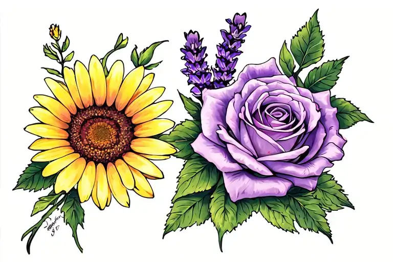 Yellow Gerber Daisy And Lavender Roses