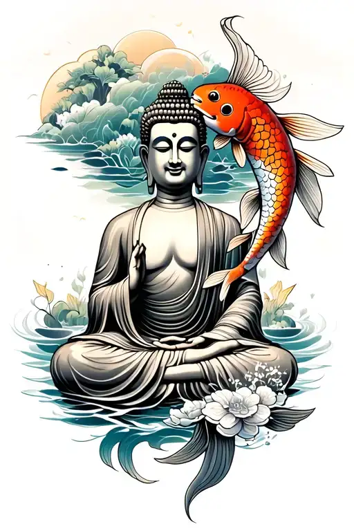 Buddha With Koi Fish