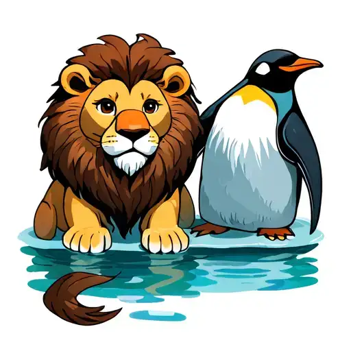 Lion And Penguin Best Friends At The Pool