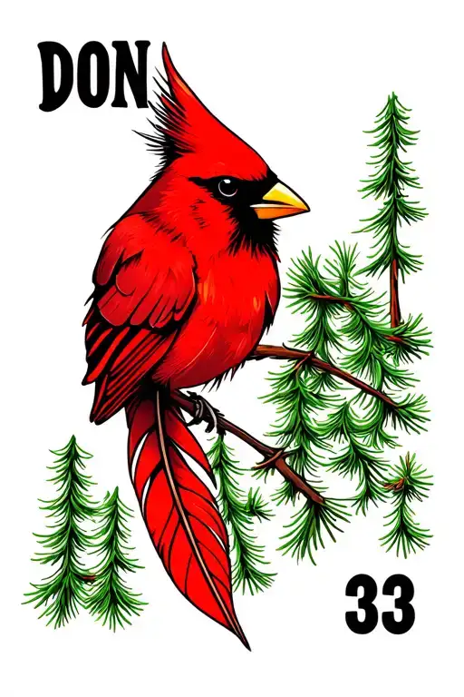 A Cardinal Feather In Color With Pine Trees In The Background And The Number 33 And The Name Don
