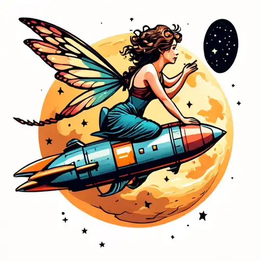 Fairy Riding On A Rocket To The Moon