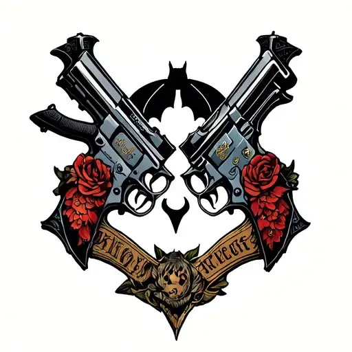 Tattoos Of Two Symmetrical Guns Pointing Down With A Bat In The Middle