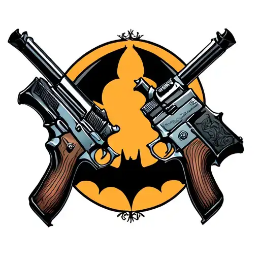 Tattoos Of Two Symmetrical Guns Pointing Down With A Bat In The Middle