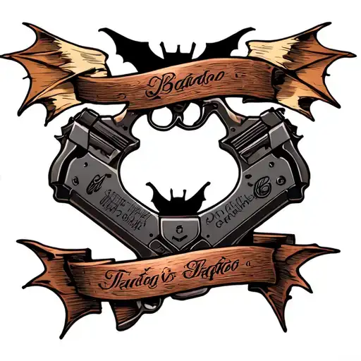 Tattoos Of Two Symmetrical Guns Pointing Down With A Bat In The Middle