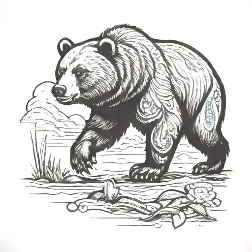 A Bear Walking Along In American Traditional Style