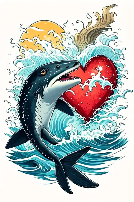 Whale Shark Swimming Therough A Heart With Waves Crashing