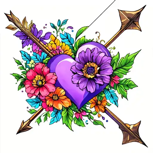 Bow And Arrow With Different Colored Flowers And Purple Heart